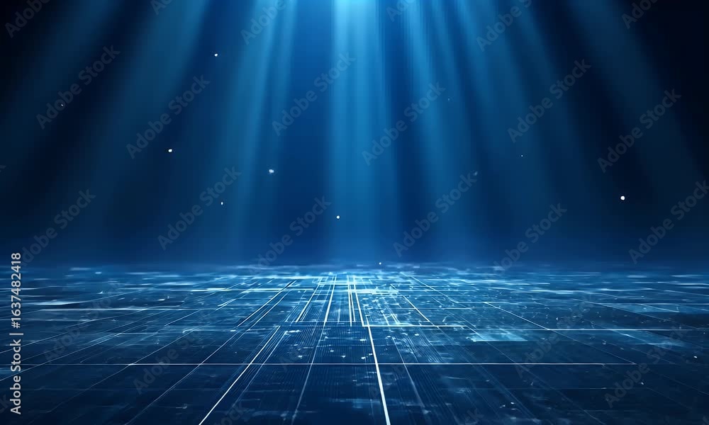 Poster blue background with digital light rays shining down on the ground, representing data technology and