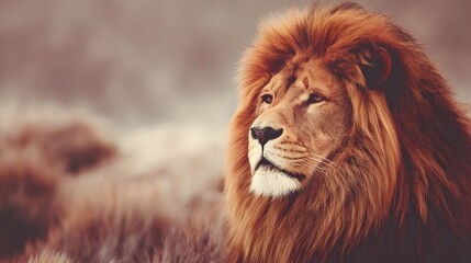 Fototapeta premium Majestic lion portrait against a blurred background.