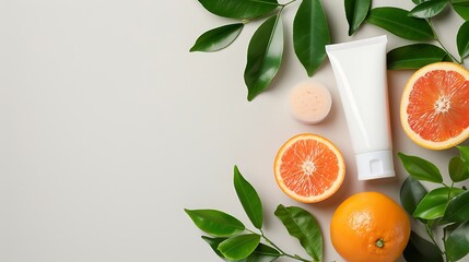 Serene skincare setup featuring fresh orange slices, a tube of cream, a sponge, and vibrant green leaves