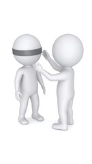 Two simple 3D figures; one blindfolds the other