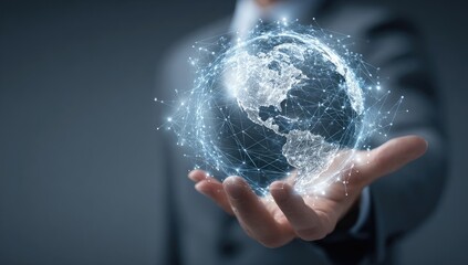 A hand, seemingly holding a digital globe, with a network of connections