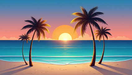 Obraz premium Tropical Paradise: A vibrant sunset paints the sky with warm hues as palm trees frame the tranquil turquoise waters and soft sands of an idyllic beach scene. 