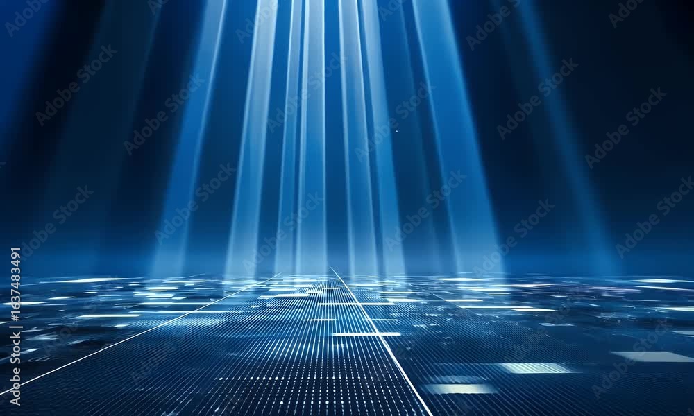 Poster blue background with digital light rays shining down on the ground, representing data technology and