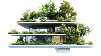 Multi level futuristic home surrounded by lush greenery isolated on white background

