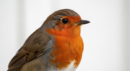 A close-up profile portrait of a European robin with a vibrant orange-red breast against a bright, soft-focus background.