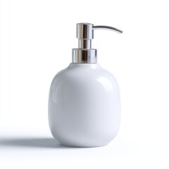 Fototapeta premium A white porcelain soap dispenser empty, isolated on a pure white background. Bathroom decor, hygiene.