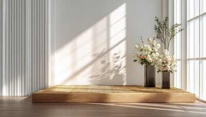 Fototapeta premium Minimalist room with wooden platform and flowers. Sunlight casts shadows on light walls