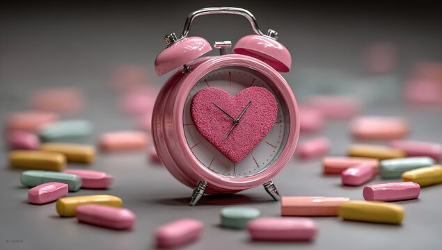 Pink alarm clock with a heart-shaped face, surrounded by pills
