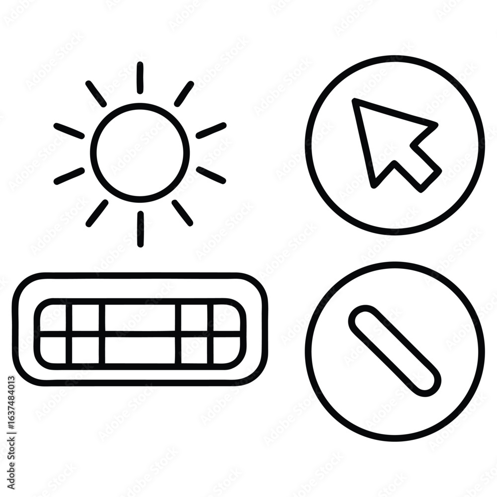Poster collection of four simple line art icons representing weather cursor settings and a pill