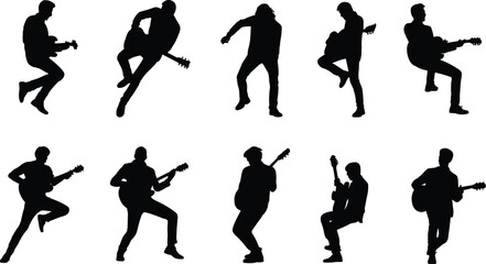 Guitar, player, silhouette, music, pose, performance, band, black, vector, rock, stage, dynamic
