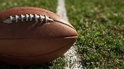 Obraz premium A close up of a football on green grass with a white line marking the field for the game day event