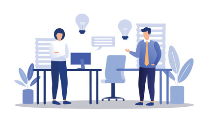 Two business people discussing ideas in an office with desks and lightbulbs above them showing innovation