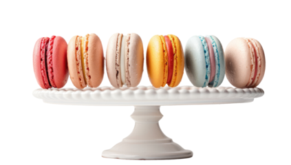 Colorful macarons on a white pedestal dish