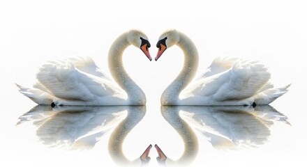 Fototapeta premium Two elegant white swans face each other, their curved necks forming a perfect heart shape reflected in calm water.