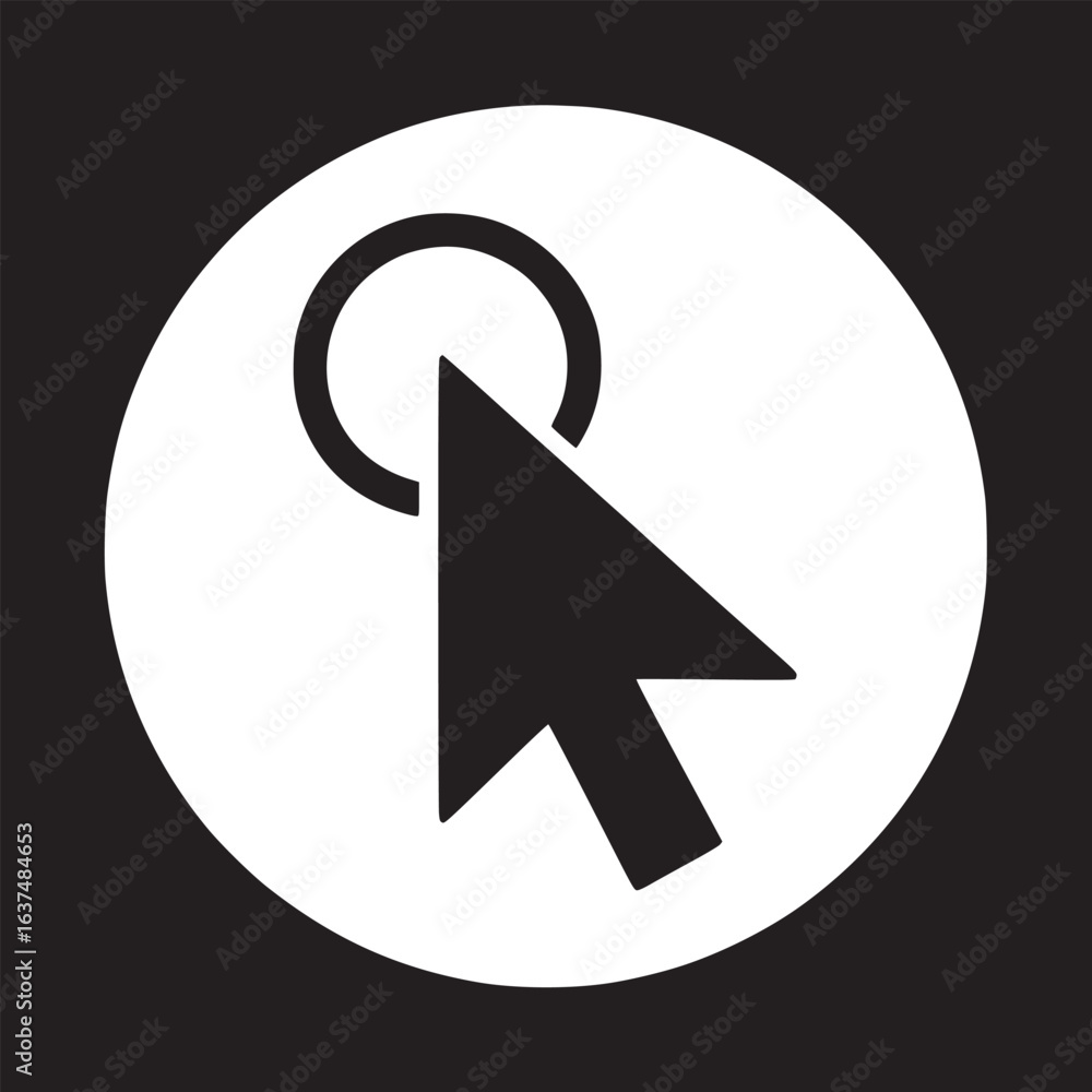 Poster a black cursor arrow pointing to a circle inside a white circle on a black background graphic icon