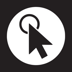 A black cursor arrow pointing to a circle inside a white circle on a black background graphic icon