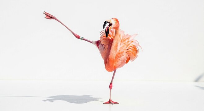 A graceful pink flamingo performs a high kick, balancing on one leg against a bright white background.