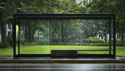 Empty bus shelter on a rainy day, surrounded by greenery