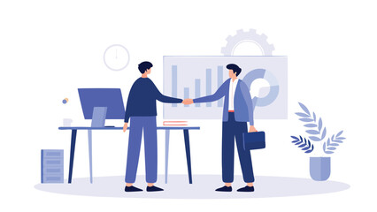 Obraz premium Two business people shaking hands in an office setting with a desk and chart in the background