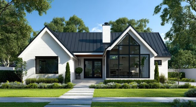 Modern farmhouse exterior, sunny day (1)