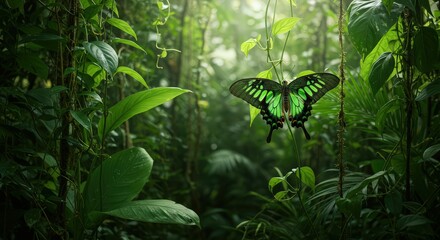 Obraz premium A vibrant green butterfly perched delicately on a vine in a lush tropical forest setting scene view nature