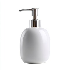 A white porcelain soap dispenser empty, isolated on a pure white background. Bathroom decor, hygiene.