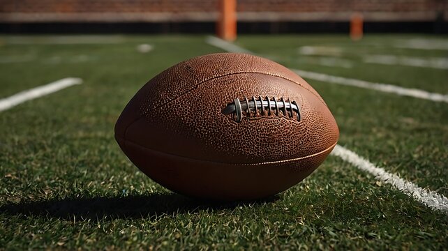 A close up of a brown football sitting on a green football field with white lines and an orange goal post
