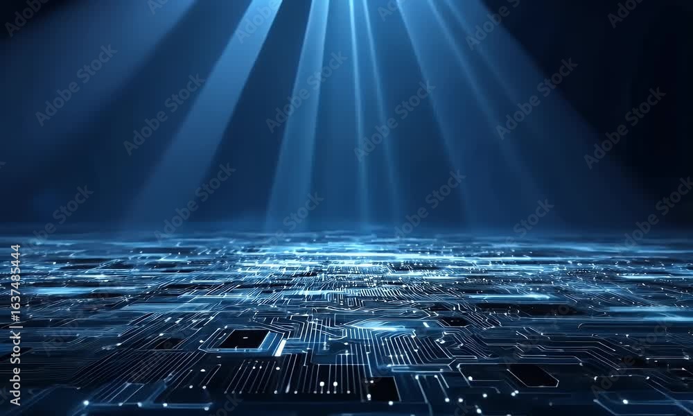 Poster blue background with digital light rays shining down on the ground, representing data technology and
