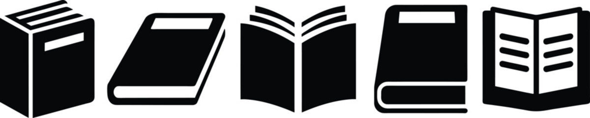 black and white book icons, closed books, open books, book stacks, vector illustration
