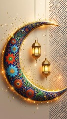 Beautifully Decorated Crescent Moon with Hanging Lanterns Against an Intricate Background, Symbolizing Spirituality and Celebration, Perfect for Festive Occasions and Religious Observances