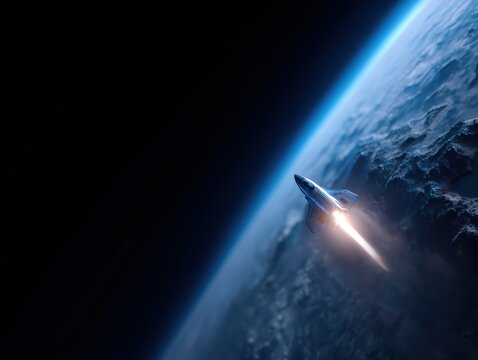 Conceptual image of a starship taking off from an alien planet, interstellar travel. Sci-fi, boundless. Cinematic. - Powered by Adobe