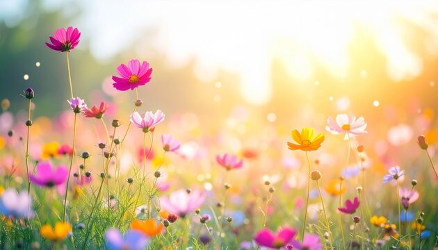 Surreal meadow with flowers floating mid-air, oversaturated colors and magical soft sunbeams filtering through