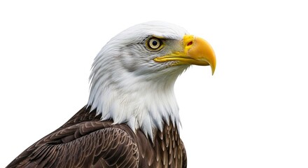 Obraz premium A majestic bald eagle head in profile with a sharp yellow beak against a white background.