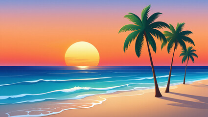 Obraz premium Tropical Sunset Serenity: A tranquil scene of a tropical beach at sunset, with palm trees silhouetted against a vibrant sky, invites viewers to immerse themselves in the peaceful moment. 