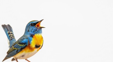 Obraz premium A vibrant blue and orange songbird chirps with its beak open, isolated against a clean white background.