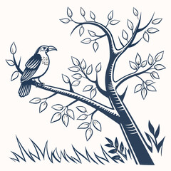 Illustration of a bird perched on a tree branch with leaves and grass, isolated on white background