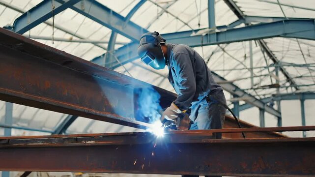 A worker in a dark helmet and thick gloves skillfully fuses steel beams using a welding torch in an unfinished industrial structure. Sparks fly as construction progresses