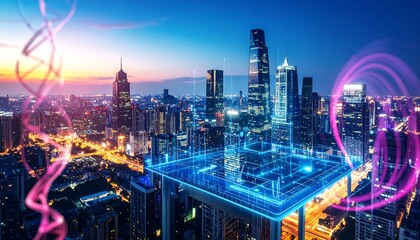 Obraz premium Futuristic city skyline at dawn with digital overlay