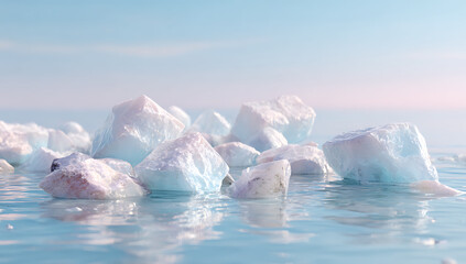 A cluster of translucent ice chunks floating in calm pale blue water ice cubes frozen
