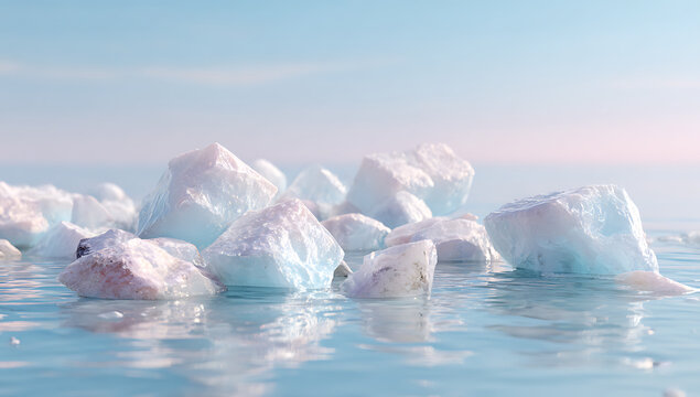 A cluster of translucent ice chunks floating in calm pale blue water ice cubes frozen