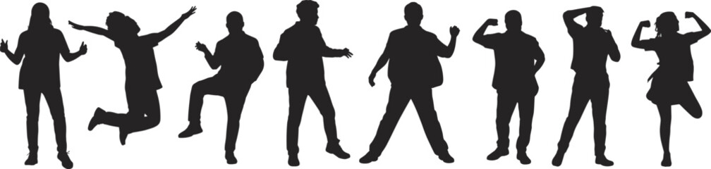 Silhouette, people, pose, jumping, flexing, casual, black, vector, motion, gesture, human, action