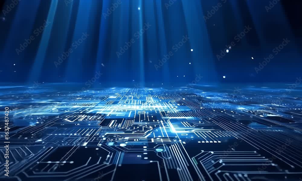 Poster blue background with digital light rays shining down on the ground, representing data technology and
