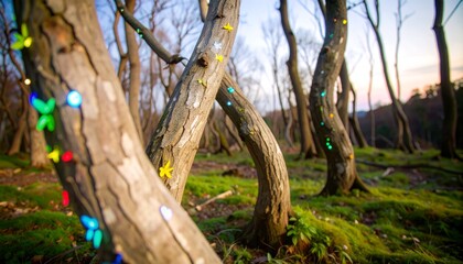 Surreal forest where tree trunks twist like ribbons and leaves glow with bioluminescent light, early evening setting
