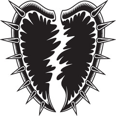 A stylized heart shape with sharp spikes along the edges in black and white illustration art form