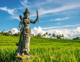Fototapeta premium Stone statue of a goddess overlooking vibrant green rice terraces under a bright blue sky