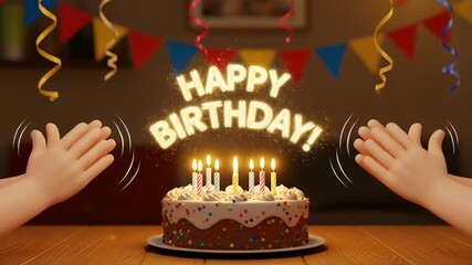 Animated hands clap around a birthday cake with lit candles and a "Happy Birthday!" message.