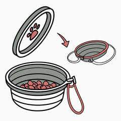 Collapsible pet bowl illustration showing a portable dog and cat food and water container isolated on white background