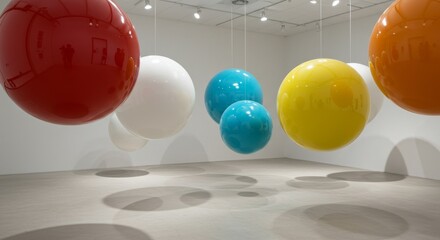 Naklejka premium Suspended Colorful Spheres in Minimalist White Gallery with Soft Shadows