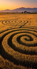 Golden wheat field at sunrise with intricate circular patterns