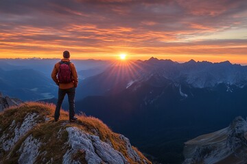 Fototapeta premium Hiker standing on mountain peak watching sunrise over dramatic mountain range and valleys